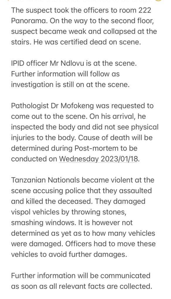 Johannesburg Drug Raid disaster with tragic death of Tanzanian man 